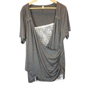 Grey Wrap Top w/ Sheer Lace Accents, Side Ruching & Epaulettes